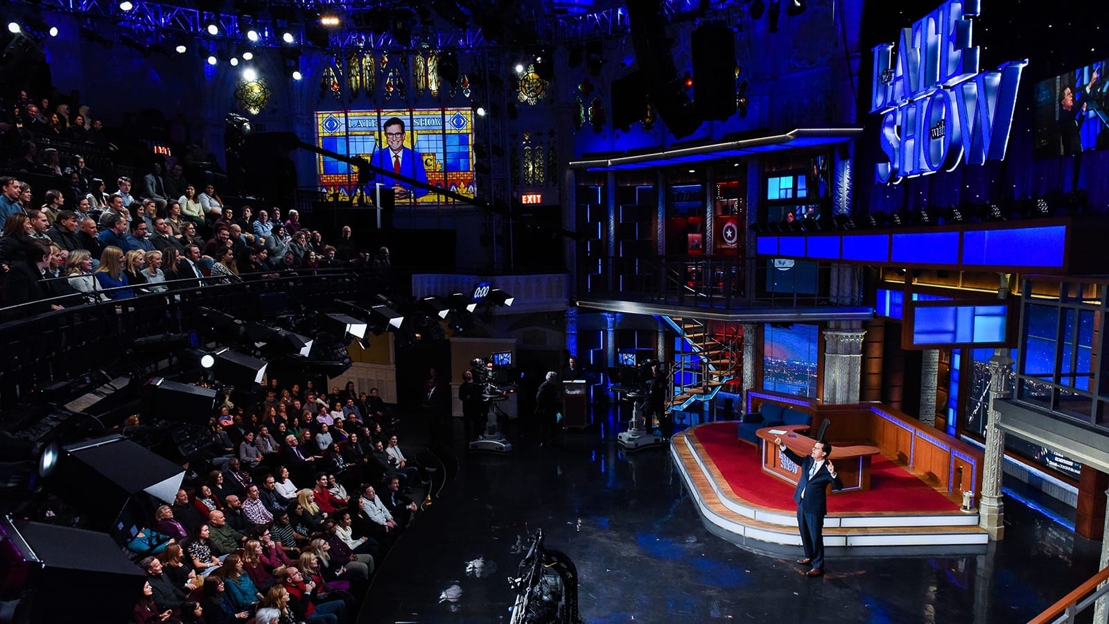 Stephen Colbert addresses an audience during filming for The Late Show